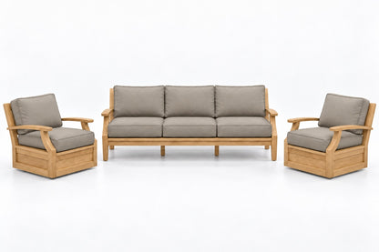 Mila Teak Outdoor Sofa & Swivel Chair Set – 3 Piece in Olefin Tan & Brown | Jr's Patio San Diego