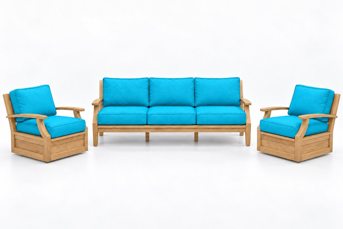 Mila Teak Outdoor Sofa & Swivel Chair Set – 3 Piece in Olefin Turquoise | Jr's Patio San Diego
