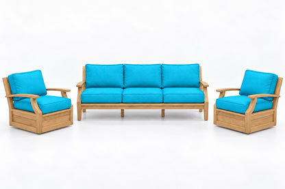 Mila Teak Outdoor Sofa & Swivel Chair Set – 3 Piece in Olefin Turquoise | Jr's Patio San Diego