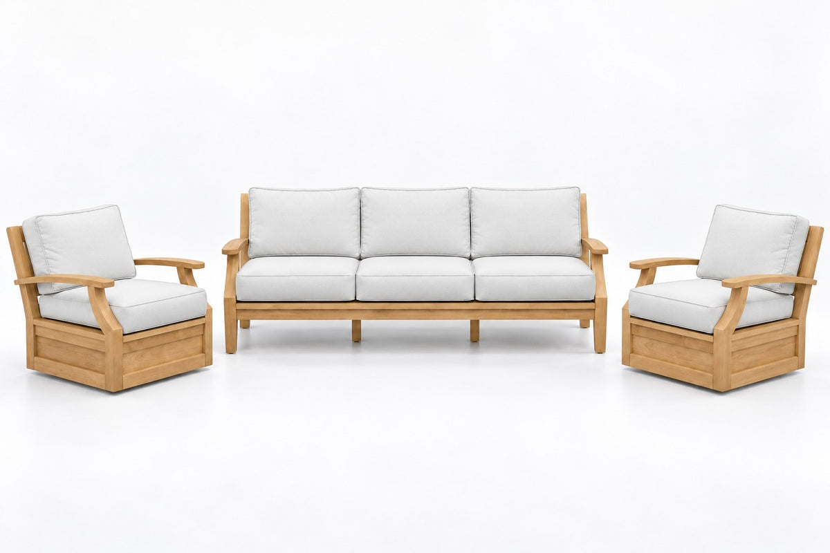Mila Teak Outdoor Sofa & Swivel Chair Set – 3 Piece in Olefin White | Jr's Patio San Diego