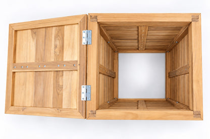 Teak Hideaway Tank Cover with the hinged lid open, showing the tank bay