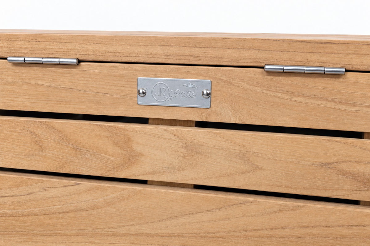 Teak Hideaway Tank Cover detail: stainless hinges and Jr's Patio plate