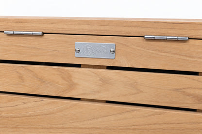Teak Hideaway Tank Cover detail: stainless hinges and Jr's Patio plate