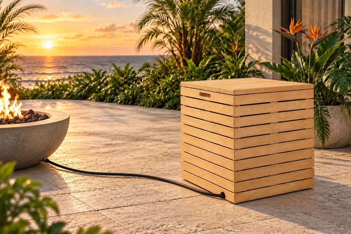 Mila Teak Hideaway Tank Cover beside a concrete fire pit at sunset