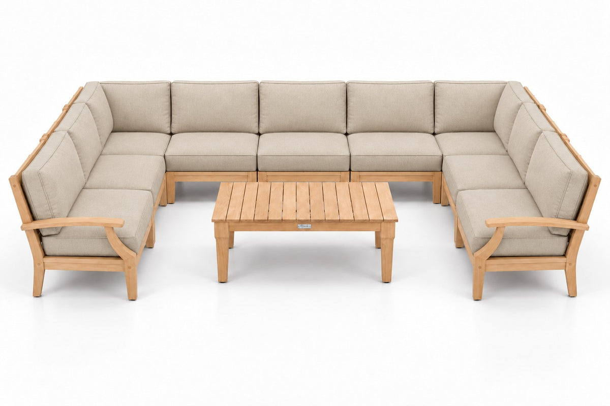 Mila Teak Outdoor U-Shape Sectional – 10 Piece in Olefin Beige | Jr's Patio San Diego