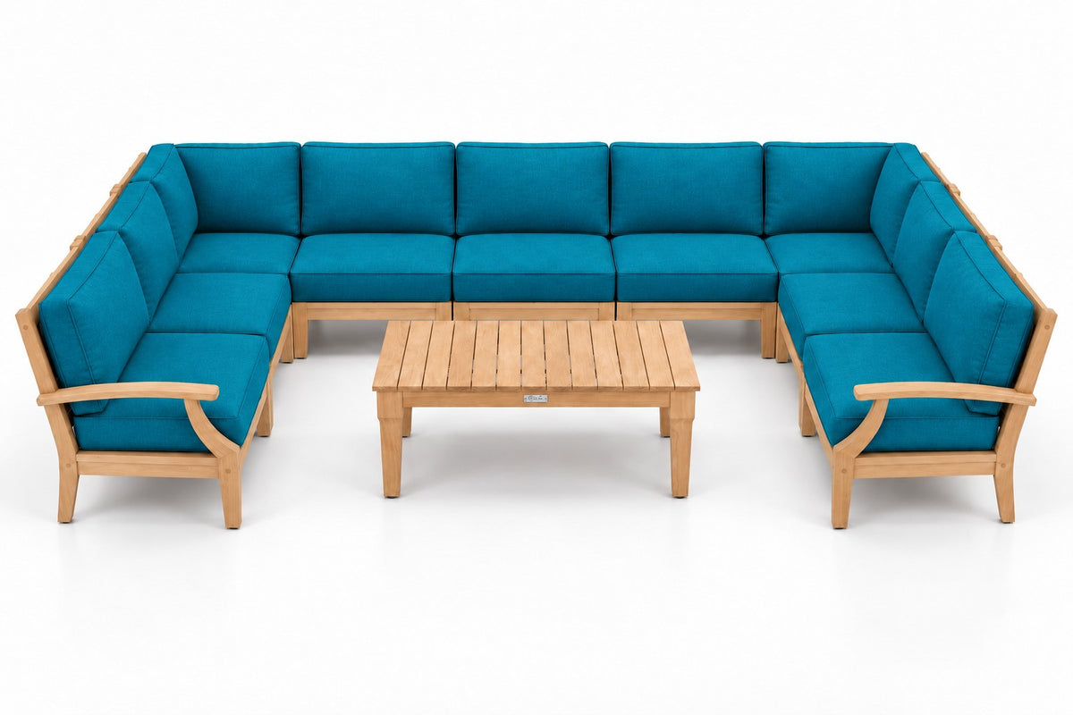Mila Teak Outdoor U-Shape Sectional – 10 Piece in Olefin Blue & Green | Jr's Patio San Diego