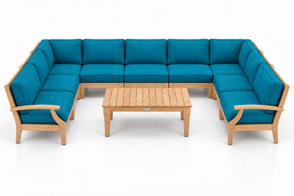 Mila Teak Outdoor U-Shape Sectional – 10 Piece in Olefin Blue & Green | Jr's Patio San Diego