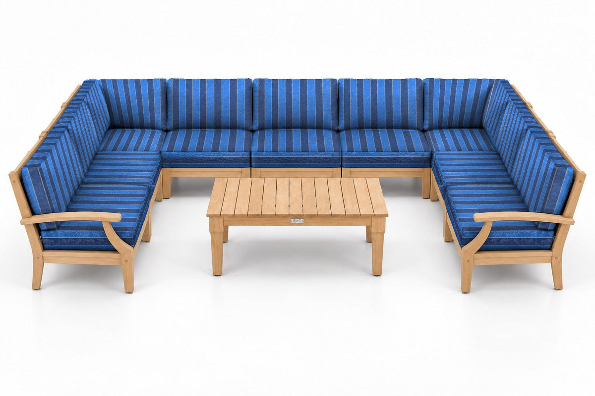 Mila Teak Outdoor U-Shape Sectional – 10 Piece in Olefin Blue Stripe | Jr's Patio San Diego