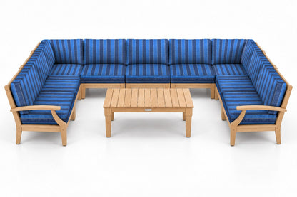 Mila Teak Outdoor U-Shape Sectional – 10 Piece in Olefin Blue Stripe | Jr's Patio San Diego