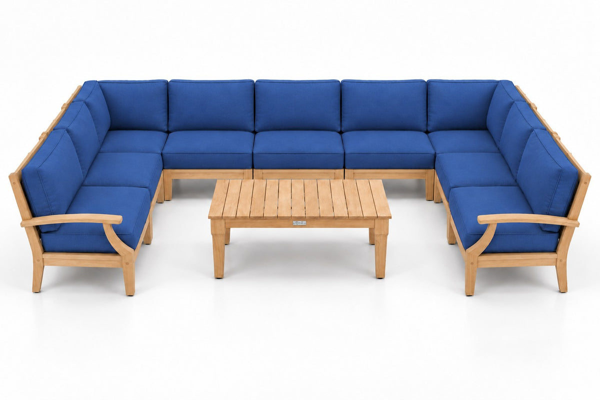 Mila Teak Outdoor U-Shape Sectional – 10 Piece in Olefin Blue | Jr's Patio San Diego