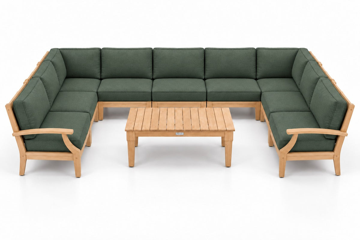 Mila Teak Outdoor U-Shape Sectional – 10 Piece in Olefin Dark Green | Jr's Patio San Diego