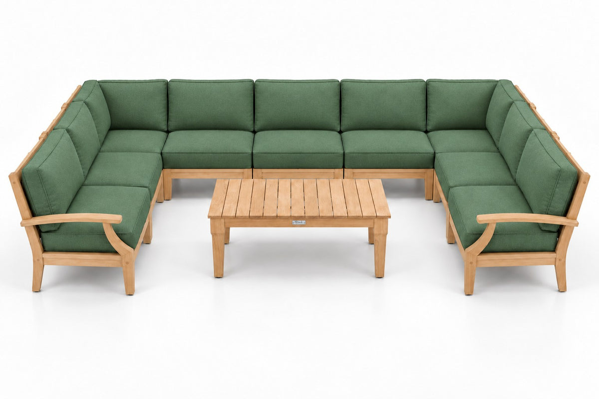 Mila Teak Outdoor U-Shape Sectional – 10 Piece in Olefin Green | Jr's Patio San Diego