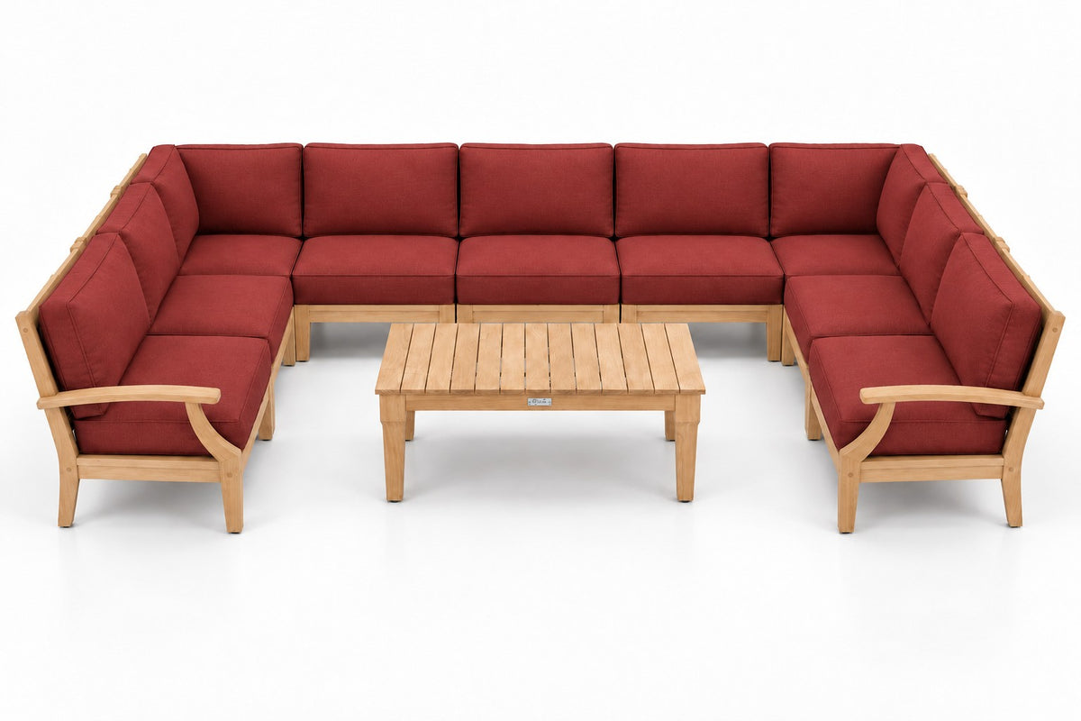 Mila Teak Outdoor U-Shape Sectional – 10 Piece in Olefin Red | Jr's Patio San Diego
