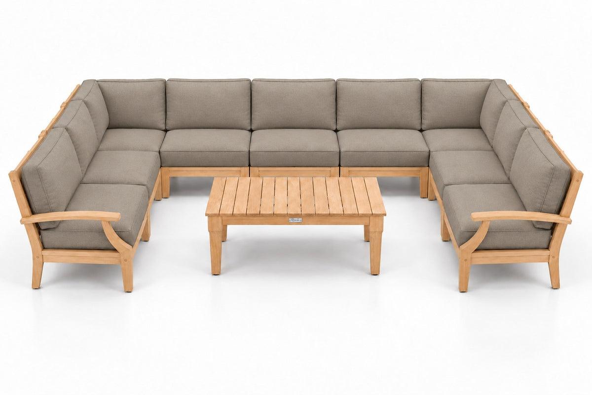 Mila Teak Outdoor U-Shape Sectional – 10 Piece in Olefin Tan & Brown | Jr's Patio San Diego