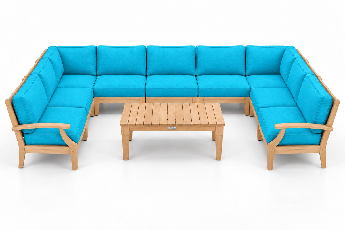 Mila Teak Outdoor U-Shape Sectional – 10 Piece in Olefin Turquoise | Jr's Patio San Diego