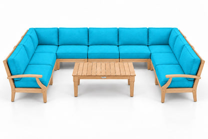 Mila Teak Outdoor U-Shape Sectional – 10 Piece in Olefin Turquoise | Jr's Patio San Diego