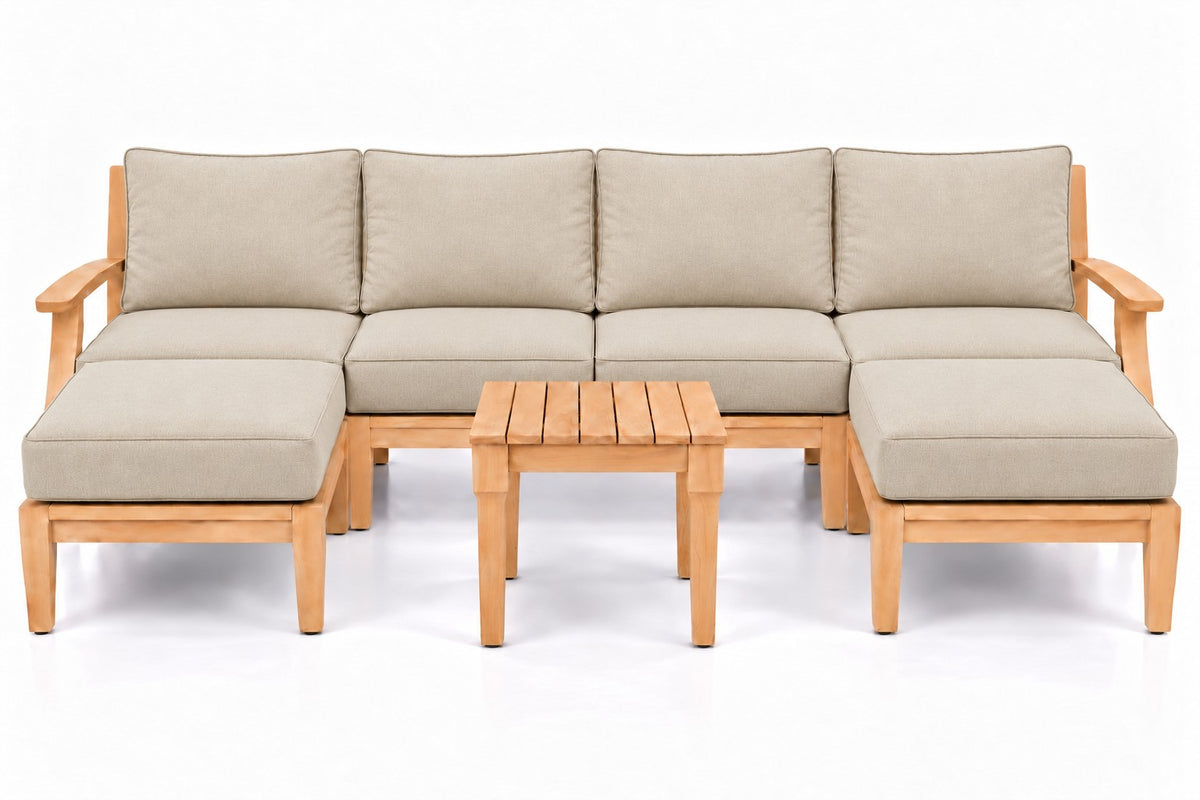 Mila Teak Outdoor U-Shape Sectional with 2 Ottomans – 7 Piece in Olefin Beige | Jr's Patio San Diego