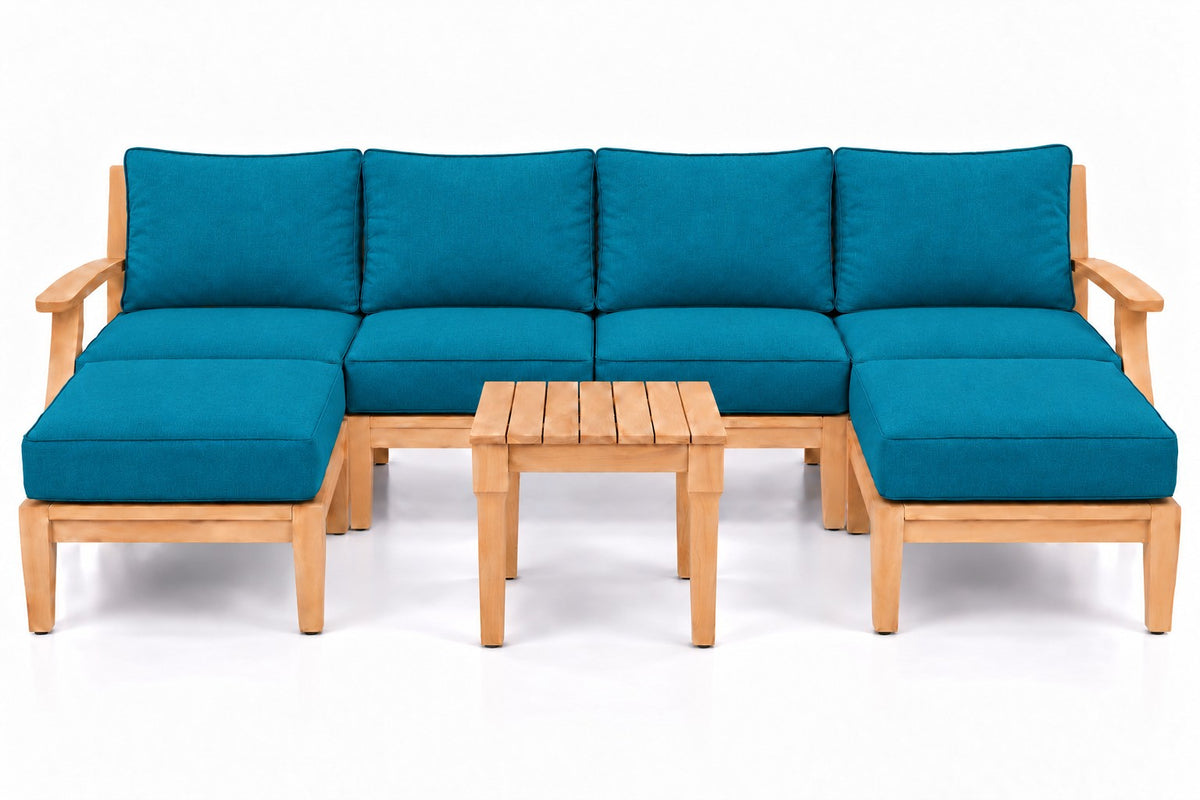 Mila Teak Outdoor U-Shape Sectional with 2 Ottomans – 7 Piece in Olefin Blue & Green | Jr's Patio San Diego