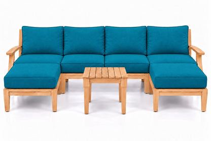Mila Teak Outdoor U-Shape Sectional with 2 Ottomans – 7 Piece in Olefin Blue & Green | Jr's Patio San Diego
