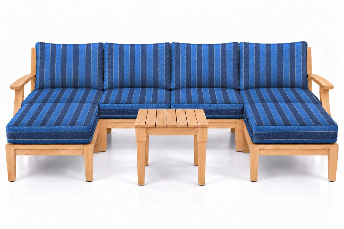 Mila Teak Outdoor U-Shape Sectional with 2 Ottomans – 7 Piece in Olefin Blue Stripe | Jr's Patio San Diego