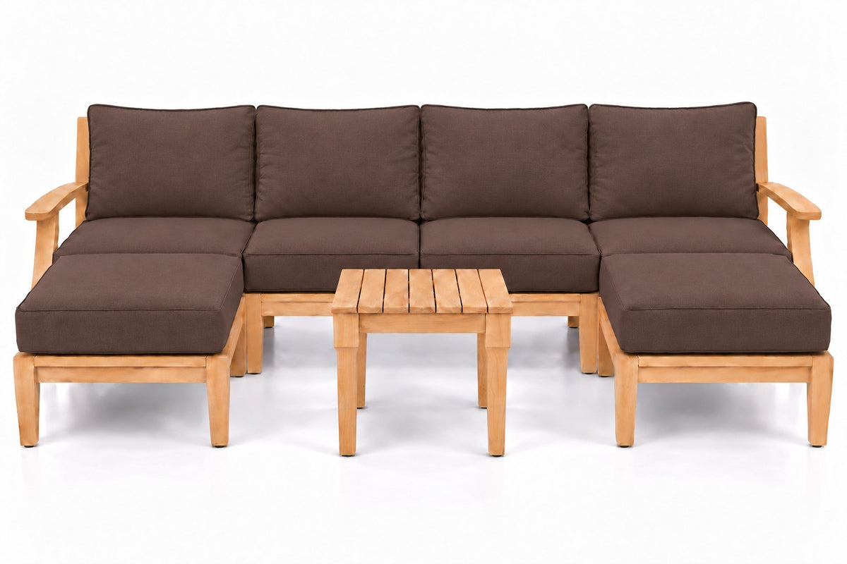 Mila Teak Outdoor U-Shape Sectional with 2 Ottomans – 7 Piece in Olefin Dark Brown | Jr's Patio San Diego