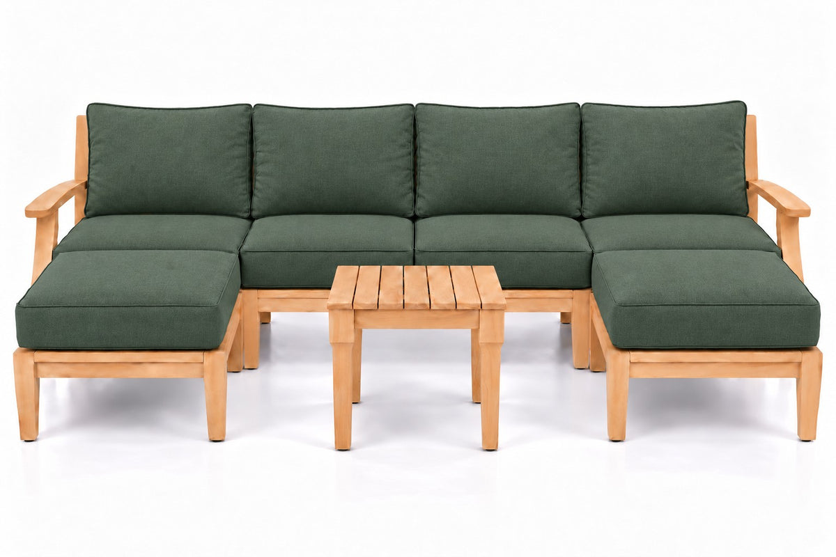 Mila Teak Outdoor U-Shape Sectional with 2 Ottomans – 7 Piece in Olefin Dark Green | Jr's Patio San Diego