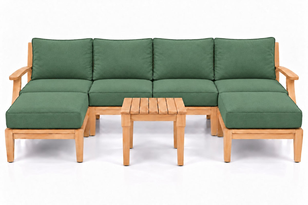Mila Teak Outdoor U-Shape Sectional with 2 Ottomans – 7 Piece in Olefin Green | Jr's Patio San Diego