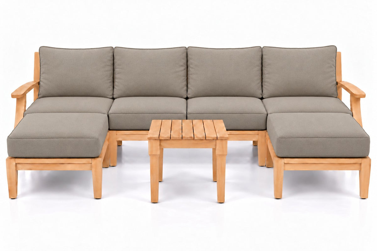 Mila Teak Outdoor U-Shape Sectional with 2 Ottomans – 7 Piece in Olefin Tan & Brown | Jr's Patio San Diego