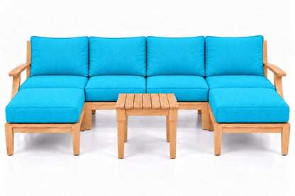 Mila Teak Outdoor U-Shape Sectional with 2 Ottomans – 7 Piece in Olefin Turquoise | Jr's Patio San Diego