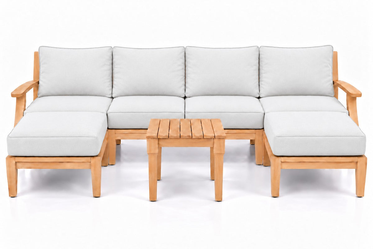Mila Teak Outdoor U-Shape Sectional with 2 Ottomans – 7 Piece in Olefin White | Jr's Patio San Diego
